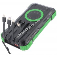 Napelemes Powerbank kls akku 20000mAh, Qi gyorstlts, LED vilgts, ngy kbellel, zld