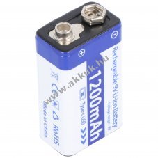 9V 6F22 6LR61 Li-ion Block akku, 1200mAh + USB-C kbel 1m