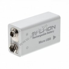 9V Block akku Micro-USB aljzattal, 6F22, 6LR61, Li-Ion, 8.4V, 650mAh mikro USB kbellel