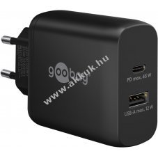 Hlzati USB-C gyorstlt, 45W, Power Delivery, 1db USB-C, 1db USB-A port, fekete