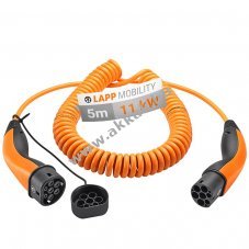 Type 2 spirl tltkbel plug-in hybrid s elektromos authoz 11 kW-ig, 5 m, narancssrga
