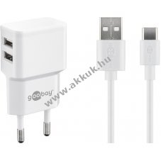 Goobay 12W USB-C dupla t�lt�k�szlet 2x USB-A csatlakoz� USB-C k�bel 1m feh�r