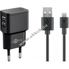 Goobay 12W Micro-USB dupla USB-A t�lt�k�szlet 1m fekete
