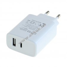 OTB k�tportos USB t�lt� USB-C+USB-A 20W USB Power Delivery feh�r