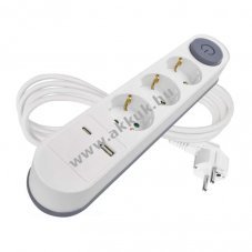 Hosszabb�t� 2m, 3 aljzat, kapcsol�s, 1db USB-A + 1db USB-C, feh�r