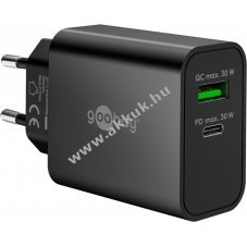 USB-C hlzati gyorstlt, power Delivery, GaN 30W, fekete