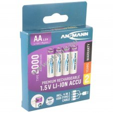 Ansmann Mignon AA 1.5V li-ion akku, 1800-2000 mAh, USB-C t�lt�k�bellel, 4 db/csomag