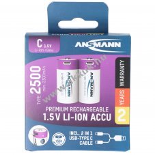 Ansmann Li-Ion akku Baby,C 1.5V, 2300mAh USB-C csatlakoz�val, 2db/csomag