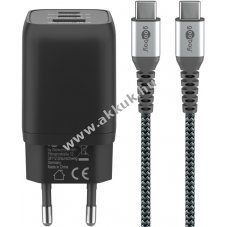 Goobay USB-C gyorst�lt� 65W 2x USB-C 1x USB-A �s 1m textilk�bel