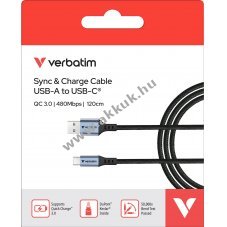 Verbatim USB-A USB-C t�lt�k�bel 1,2m fekete 18W
