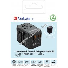 Verbatim univerz�lis utaz� t�lt� GaN III 65W 2x USB-C 2x USB-A