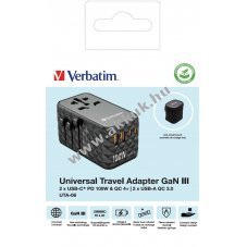 Verbatim univerz�lis utaz� t�lt� GaN III 100W 2x USB-A QC 2x USB-C PD