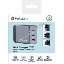 Verbatim univerz�lis GaN t�lt�adapter 65W 1x USB-A QC 2x USB-C PD sz�rke