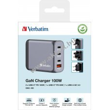 Verbatim univerz�lis GaN t�lt�adapter 100W 1x USB-A QC 3x USB-C PD sz�rke