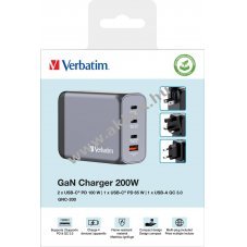 Verbatim univerz�lis GaN t�lt�adapter 200W 1x USB-A QC 3x USB-C PD sz�rke