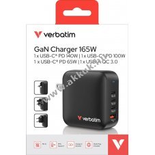 Verbatim Mini-GaN-Ladeger�t 165W EU US UK Stecker 1x USB-A QC 4x USB-C PD