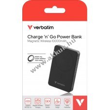 Verbatim powerbank akku 10000mAh fekete m�gneses vezet�k n�lk�li USB-C QC-PD 3.0 csomag Li-Polymer