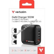 Verbatim Mini GaN t�lt� 100W 1x USB-A QC 3x USB-C PD fekete