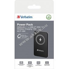 Verbatim Akku Powerbank MCP-5BK 5000mAh Magnetic Wireless USB-C QC-PD 3.0 fekete Li-Polymer