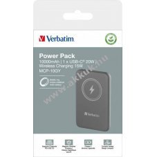 Verbatim MCP-10GN 10.000mAh powerbank akku m�gneses vezet�k n�lk�li USB-C sz�rke csomag Li-Polymer