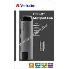 Verbatim USB-C multiport hub 2x USB3.0 HDMI 4K RJ45 Gigabit USB-C t�lt�s 15cm