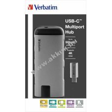 Verbatim USB-C multiport hub 3x USB 3.0 HDMI 4K RJ45 Gigabit SD/microSD 15cm