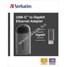 Verbatim USB 3.1-C Gigabit RJ45 adapter ez�st k�bel 10cm csomag