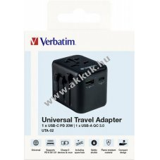 Verbatim univerz�lis utaz� t�lt�adapter 100-250V USB Typ-A QC USB Typ-C PD