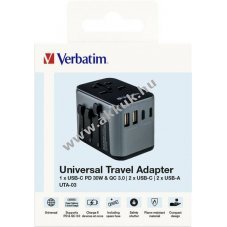 Verbatim univerz�lis utaz� t�lt�adapter 100-250V 2x USB-A 3x USB-C PD/QC