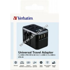 Verbatim univerz�lis utaz� t�lt�adapter 3x USB-A 2x USB-C PD/QC 100-250V