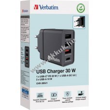 Verbatim t�lt�adapter 30W GaN fekete 2x USB-A 1x USB-A QC 1x USB-C PD