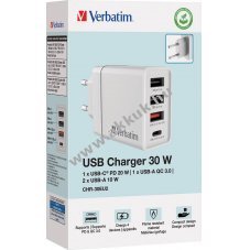 Verbatim t�lt�adapter 30W GaN 2x USB-A 1x USB-A QC 1x USB-C PD feh�r