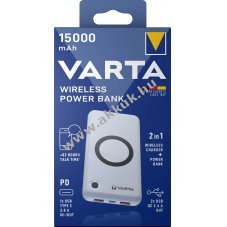 Varta Powerbank akku 3,7V 15000mAh vezet�k n�lk�li Qi 2xUSB-A 1xUSB-C QC3.0 PD20W csomag Li-Polymer