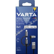 Varta 3in1 USB-A/Micro USB/USB-C/Lightning k�bel 2,0m 12W 480Mbit/s fekete csomag