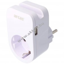 Arcas Schuko 1x h�l�zati adapter 230V 2x USB telefon-tart� 16A 3680W feh�r