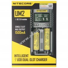 Nitecore UM2 USB t�lt� QC2.0 1-2 csatorn�s LCD Li-Ion/NiMH/LiFePO4 4,35V 1,5A