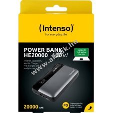Intenso HE20000 powerbank 20000mAh 100W 1xUSB-A QC 2xUSB-C PD3.0 Sz�rke-fekete Li-Ion