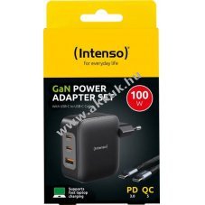 Intenso W100ACC GaN t�lt�adapter + USB-C k�bel C520C 2m 100W fekete (Retail)
