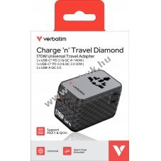 Verbatim GaN III t�lt�adapter 170W 1x USB-A QC 3x USB-C PD