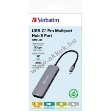 Verbatim USB-C Pro Multiport Hub CMH-08 8port 2xHDMI 8K/4K 3xUSB-A USB-C PD100W SD microSD 15cm