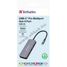 Verbatim USB-C Pro Multiport Hub CMH-09 9 port HDMI 4K RJ45 SD microSD USB-C k�bel 15cm