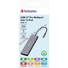 Verbatim CMH-13 USB-C Pro multiport hub 13 port HDMI DisplayPort RJ45 2xUSB-C PD