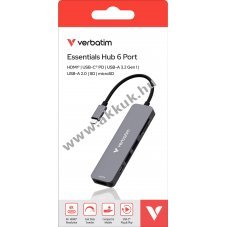 Verbatim USB-C Hub Essentials 6 port SD/microSD HDMI 2x USB-A 1x USB-C PD csomag