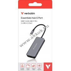 Verbatim USB-C Hub Essentials 6 port HDMI RJ45 3xUSB-A 1xUSB-C PD 1db/csomag