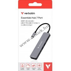 Verbatim USB-C Hub Essentials 7 port k�rtyaolvas�val HDMI 2x USB-A 2x USB-C PD 100W 1db/csomag