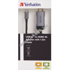 Verbatim USB 3.1-C HDMI 4K adapterk�bel 150cm ez�st-fekete csomag