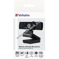 Verbatim Webcam AWC-03 4K Ultra HD 3840x2160 30fps USB Dual mikrofon autof�kusz objekt�vfed�l fekete