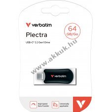 Verbatim Plectra USB 3.2 Gen1 64GB USB-C 100MB/s olvas�s 25MB/s �r�s fekete csomag