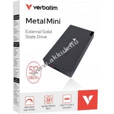 Verbatim SSD 512GB USB 3.2 Gen2 A-C Metal Mini 2000MB/s olvas�s 1750MB/s �r�s sz�rke csomag
