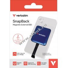 Verbatim SSD SnapBack 2TB USB-C Blue Metallic 2000MB/s olvas�s 1800MB/s �r�s 2db USB-C k�bel csomag